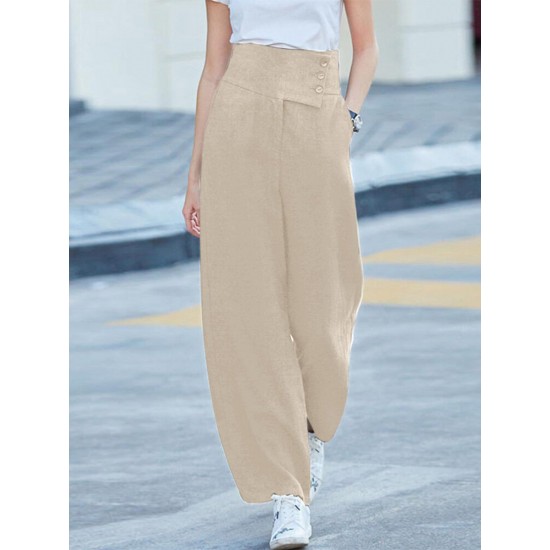 Solid Pocket Button Wide Leg High Waist Casual Pants