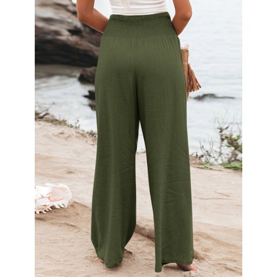 Leisure Solid Shirring Pocket Wide Leg Cotton Pants