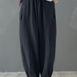 Solid Cotton Pocket Elastic Waist Casual Loose Pants