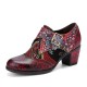  Women Retro Floral Printing Leather Soft Round Toe Sculpted Chunky Heels