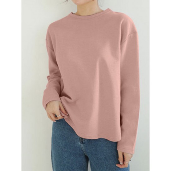 Women Long Sleeve Loose Solid Side Fork High Low Casual Pullover Sweatshirt