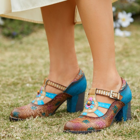  Genuine Leather Bohemian Ethnic Style Buckle Comfy Floral T  strap Heels