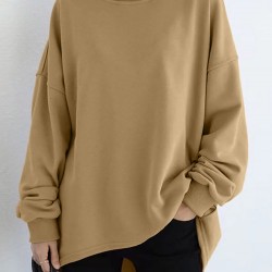 Women Loose Thick Back Fork High Low Solid Casual Pullover Sweatshirt