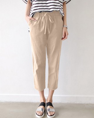 Leisure Solid Drawstring Pocket Cotton Casual Pants