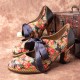  Women Elegant Graceful Little Flowers Printed Comfy Wearable Lace Up Stitching Chunky Heel Pumps