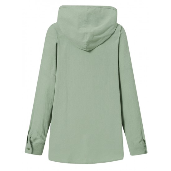 Women 100  Cotton Solid Color Wide Collar Button Cuffs Hoodie