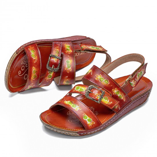  Comfy Leather Flowers Printed Retro Stripe Flat Sandals