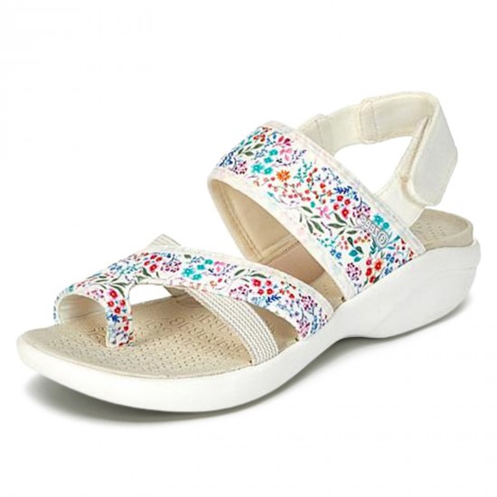 Plus Size Hook   Loop Stretch Contrast Embroidered Element Outdoors Sandals For Women