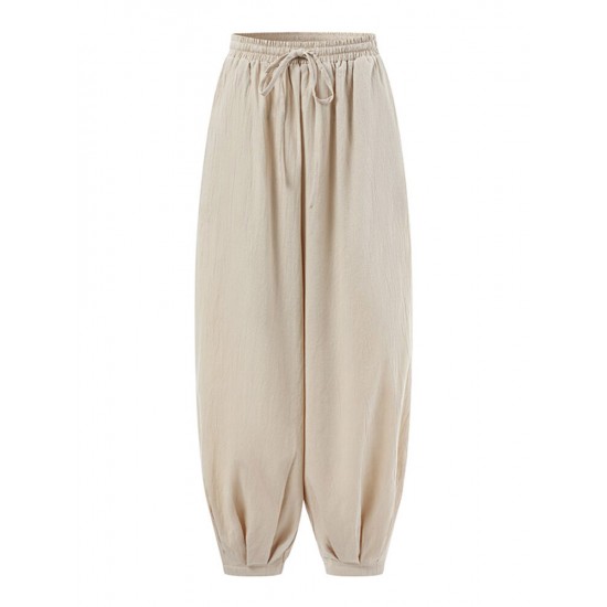 Solid Elastic Waist Drawstring Pocket Cotton Casual Pants