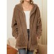 Women Plush Coat Open Front Side Pockets Casual Hooded Sweatshirt