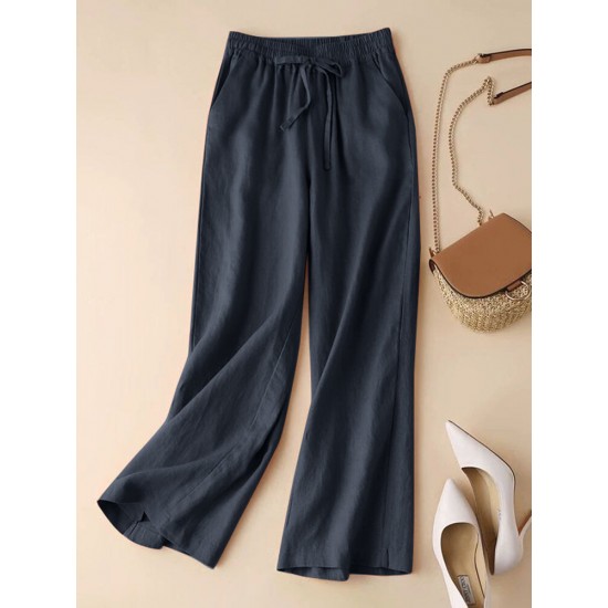 Solid Drawstring Pocket Elastic Waist Casual Pants