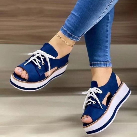 Large Size Summer Casual Platform Lace Up Canvas Sandals For Women