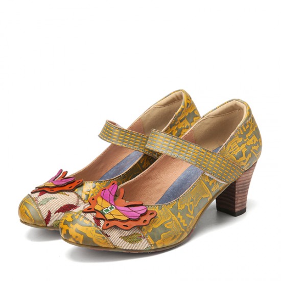  Butterfly Deocr Printed Cowhide Leather Hook Loop Comfy Wearable Chunky Heel Pumps