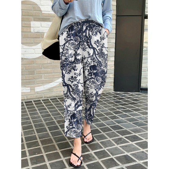 Women 100  Cotton Plants And Flowers Printing Maxi Length Pants