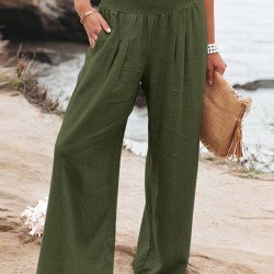 Leisure Solid Shirring Pocket Wide Leg Cotton Pants