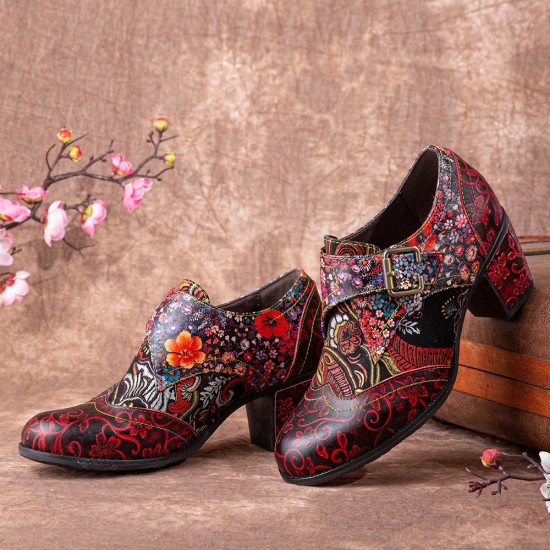  Women Retro Floral Printing Leather Soft Round Toe Sculpted Chunky Heels