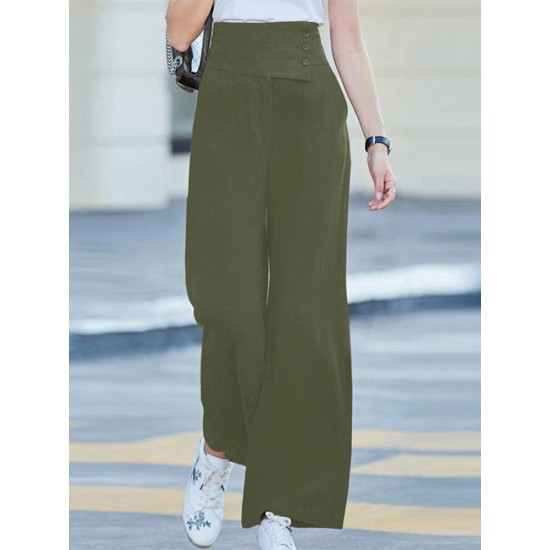 Solid Pocket Button Wide Leg High Waist Casual Pants