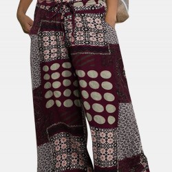 Printed Patchwork Wide  Legged Side Pockets Elastic Pants For Women