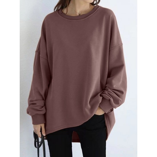 Women Loose Thick Back Fork High Low Solid Casual Pullover Sweatshirt