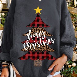 Women Christmas Tree Printed Letter Round Neck Casual Pullover Sweatshirt