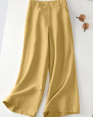 Leisure Solid Button Pocket Wide Leg Cotton Pants