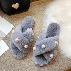 Women’s Pearl Inlay Warm Lined Casual Winter Plush Slippers