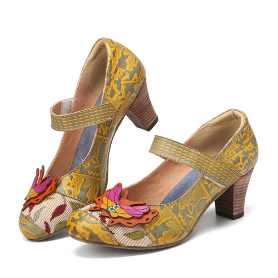  Butterfly Deocr Printed Cowhide Leather Hook Loop Comfy Wearable Chunky Heel Pumps