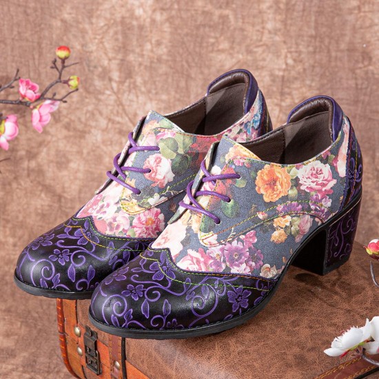  Women Retro Floral Printing Leather Splicing Soft Comfy Sculpted Chunky Heels