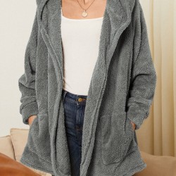 Women Plush Coat Open Front Side Pockets Casual Hooded Sweatshirt