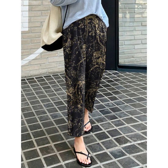 Women 100  Cotton Plants And Flowers Printing Maxi Length Pants