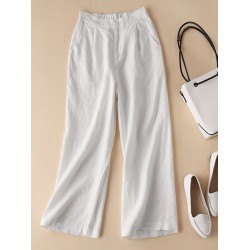 Solid Elastic Waist Pocket Button Wide Leg Pants