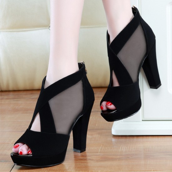 Women Casual Corduroy Chunky Heel Peep  toe Pumps Shoes