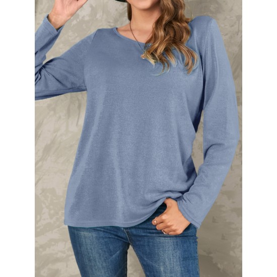 Women Solid Color Basic Designed Pleats V  Neck Long Sleeve Casual Blouses