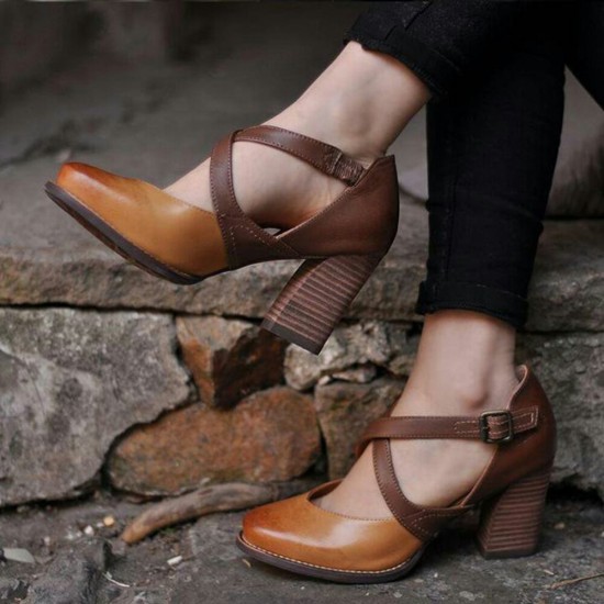 Plus Size Women Retro Brown Date Shoes Belt Buckle Chunky High Heels