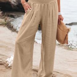 Leisure Solid Shirring Pocket Wide Leg Cotton Pants