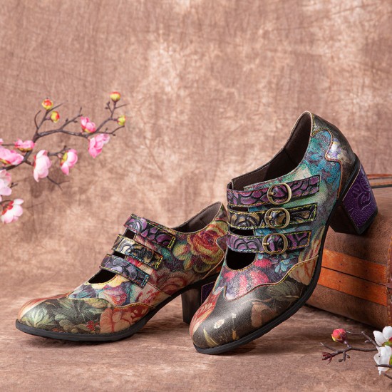  Women Retro Floral Printing Leather Comfy Hook Loop Round Toe Soft Chunky Heels