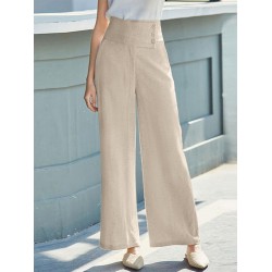 Solid Pocket Button Wide Leg High Waist Casual Pants