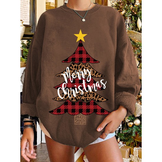 Women Christmas Tree Printed Letter Round Neck Casual Pullover Sweatshirt