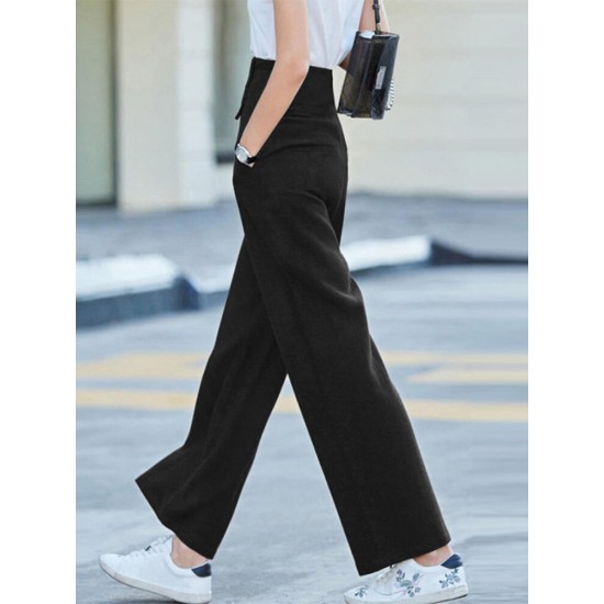 Solid Pocket Button Wide Leg High Waist Casual Pants