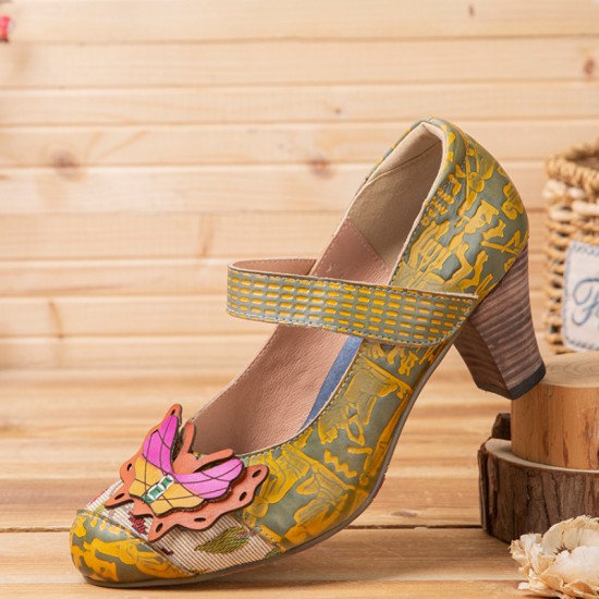  Butterfly Deocr Printed Cowhide Leather Hook Loop Comfy Wearable Chunky Heel Pumps