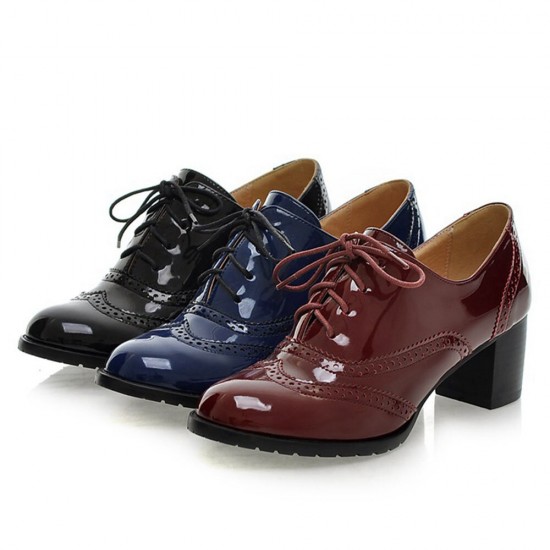 Large Size Women Lace  up Comfy Retro Glossy Oxfords Heels