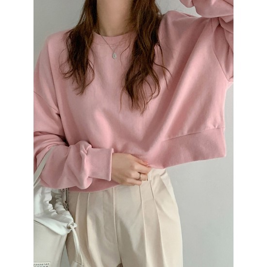 Women Long Sleeve Solid Round Necked Narrow Hem Pullover Sweatshirt