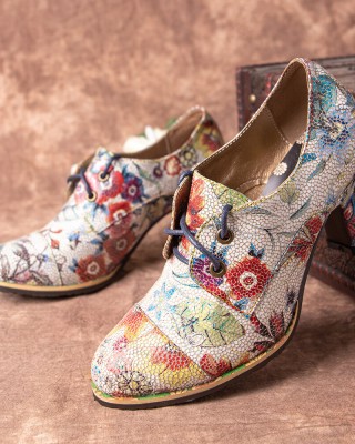  Fresh Natural Flowers Leaves Printed Comfy Wearable Chunky Heel Women Casual Lace Up Pumps