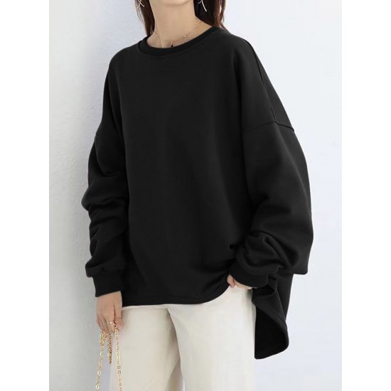 Women Loose Thick Back Fork High Low Solid Casual Pullover Sweatshirt