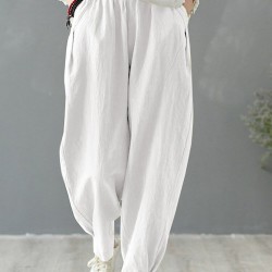 Solid Cotton Pocket Elastic Waist Casual Loose Pants