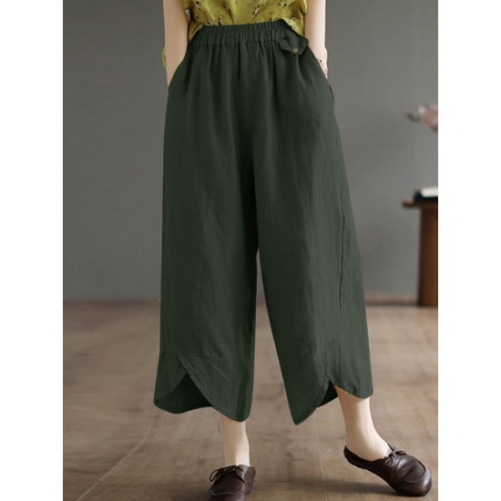 Solid Asymmetrical Hem Pocket Wide Leg Crop Pants