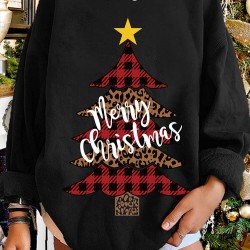 Women Christmas Tree Printed Letter Round Neck Casual Pullover Sweatshirt