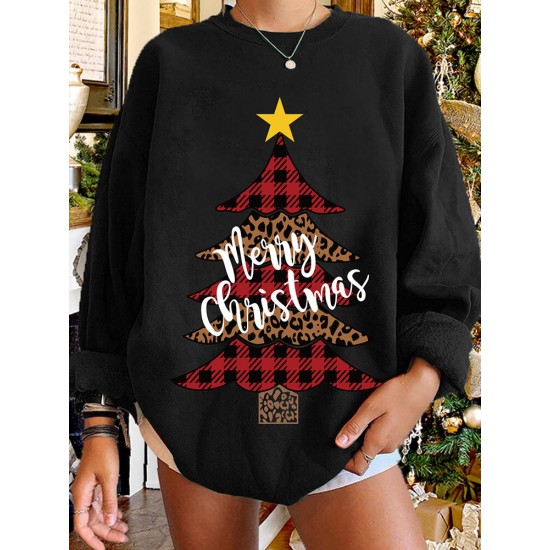 Women Christmas Tree Printed Letter Round Neck Casual Pullover Sweatshirt