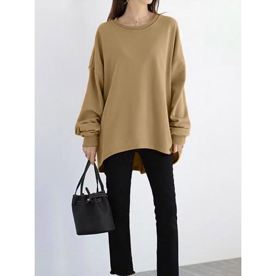 Women Loose Thick Back Fork High Low Solid Casual Pullover Sweatshirt