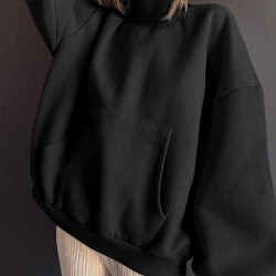 Women Solid Loose Casual Thick Sweatshirts with Kangaroo Pockets